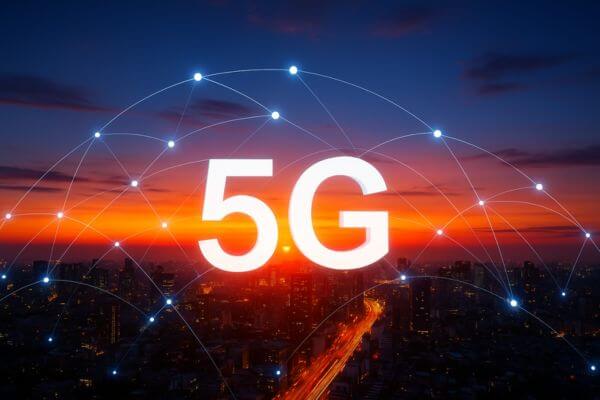 Cidade iluminada ao entardecer com linhas de conexão representando a rede 5G e o conceito de conectividade e transformação digital.