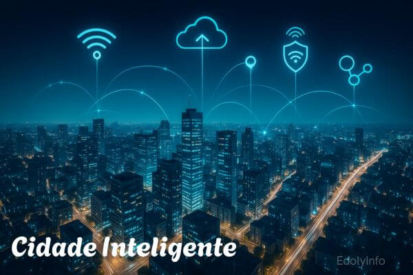 Vista aérea noturna de uma cidade inteligente com edifícios conectados por redes digitais e ícones tecnológicos no céu.