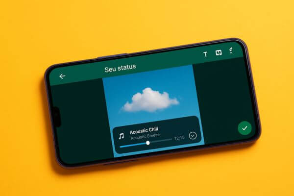 Tela de celular mostrando um Status do WhatsApp com imagem de nuvem e uma música em reprodução, sobre fundo amarelo brilhante.