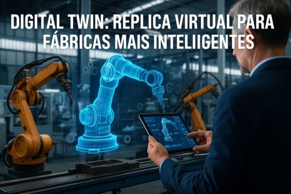 Engenheiro observando um Digital twin de robô industrial em uma fábrica inteligente, com gráficos digitais e dados em tempo real.