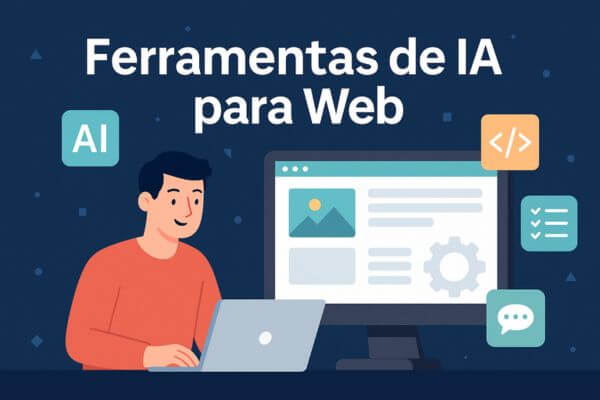 Pessoa usando laptop com ferramentas de IA para web, monitor ao lado exibindo layout de site e ícones relacionados a programação e inteligência artificial.