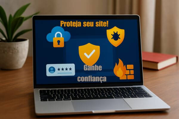 Computador portátil em uma mesa de madeira exibindo ícones de segurança digital na tela, como cadeado, escudo e firewall.