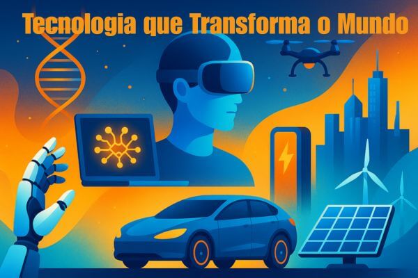 Representação futurista dos últimos avanços em tecnologia com robô, carro elétrico, realidade aumentada, drones e energia renovável em cores vibrantes.