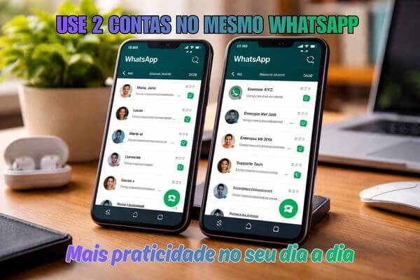Dois celulares exibindo conversas no WhatsApp em ambiente real, representando o uso de duas contas no mesmo aplicativo com praticidade e organização.